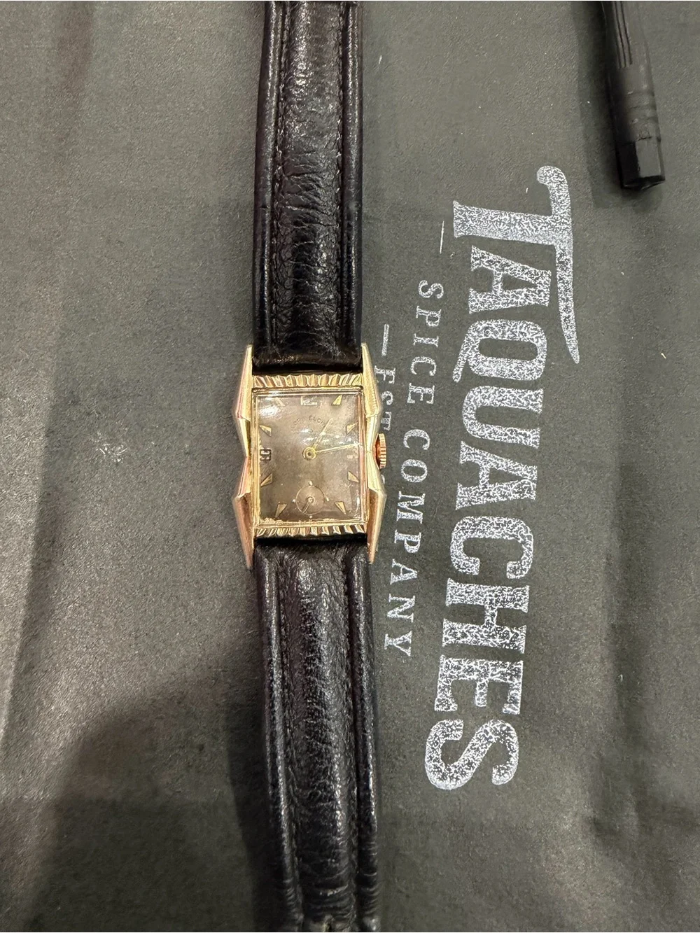 Vintage Lord Elgin Men's Black Leather Strap Watch with Rose Gold Case